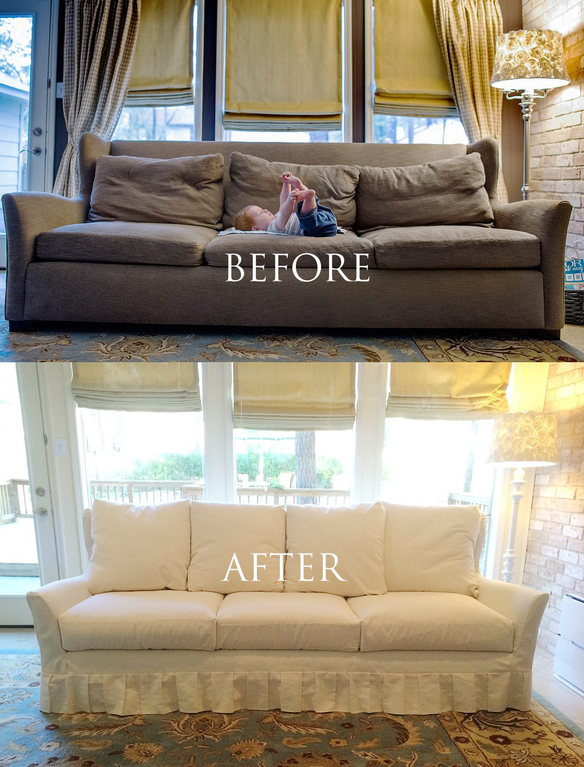White Slipcovered Sofa with Box Pleats (before & after) Captured